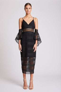 ARUBA FLARED SLEEVE COCKTAIL MIDI DRESS - BLACK