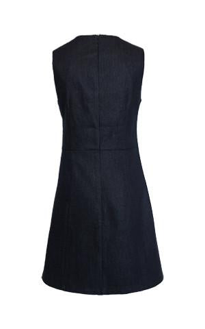 V-NECK DENIM DRESS WITH EMBROIDERED FLORAL APPLIQUE