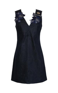 V-NECK DENIM DRESS WITH EMBROIDERED FLORAL APPLIQUE
