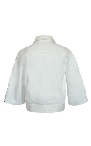 WHITE DENIM JACKET WITH EMBROIDERED FLORAL APPLIQUE