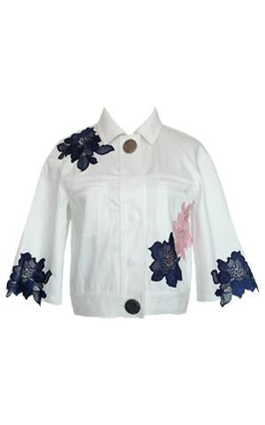 WHITE DENIM JACKET WITH EMBROIDERED FLORAL APPLIQUE
