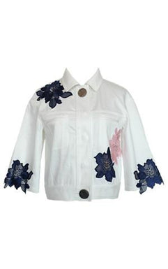 WHITE DENIM JACKET WITH EMBROIDERED FLORAL APPLIQUE