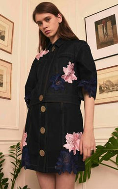 DENIM JACKET WITH EMBROIDERED FLORAL APPLIQUE
