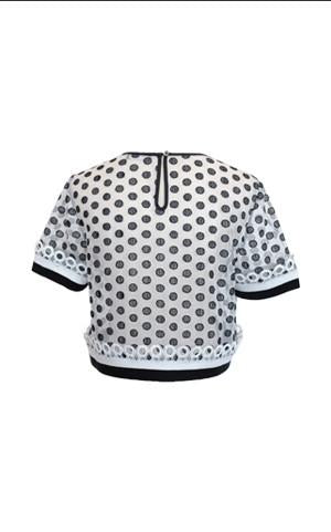 Embroidered Polka Dot Top with Rib Trimming