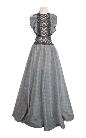 Peplum Gown in Silk Organza and Lady Bug Bobbin Lace