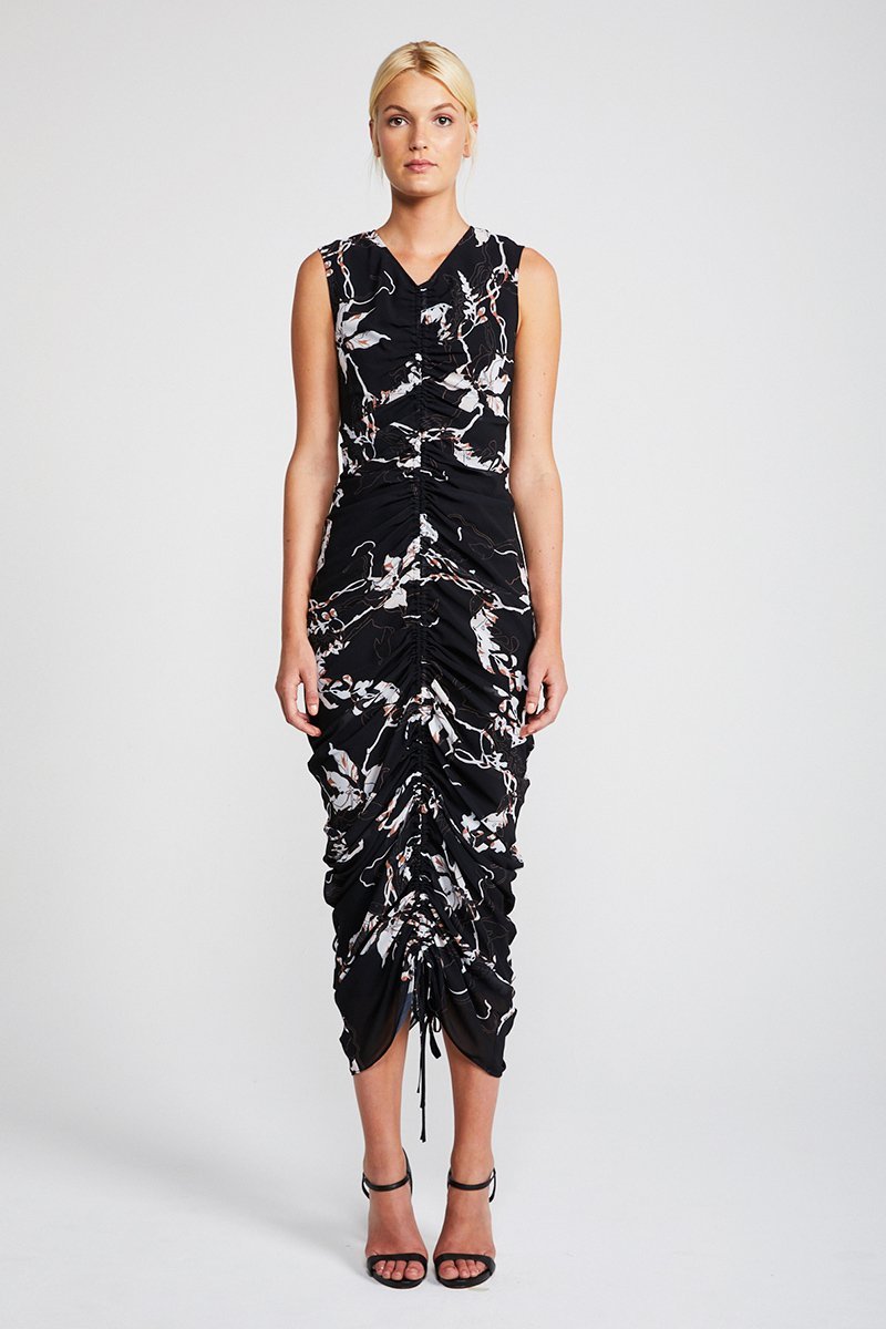 SHADOWS RUCHED SLEEVELESS MIDI DRESS