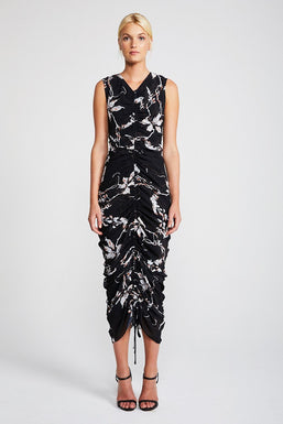 SHADOWS RUCHED SLEEVELESS MIDI DRESS