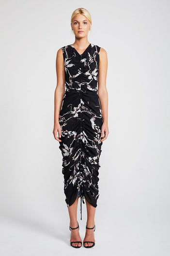 SHADOWS RUCHED SLEEVELESS MIDI DRESS