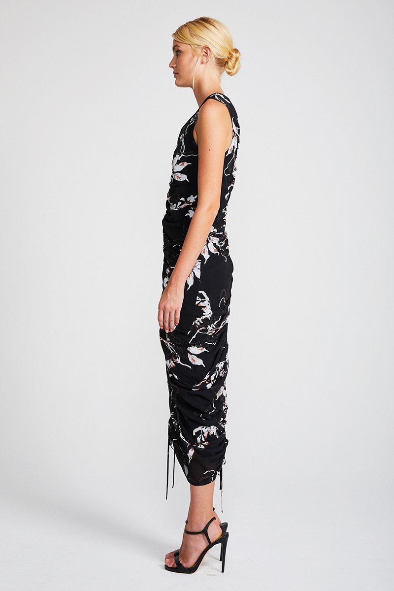 SHADOWS RUCHED SLEEVELESS MIDI DRESS