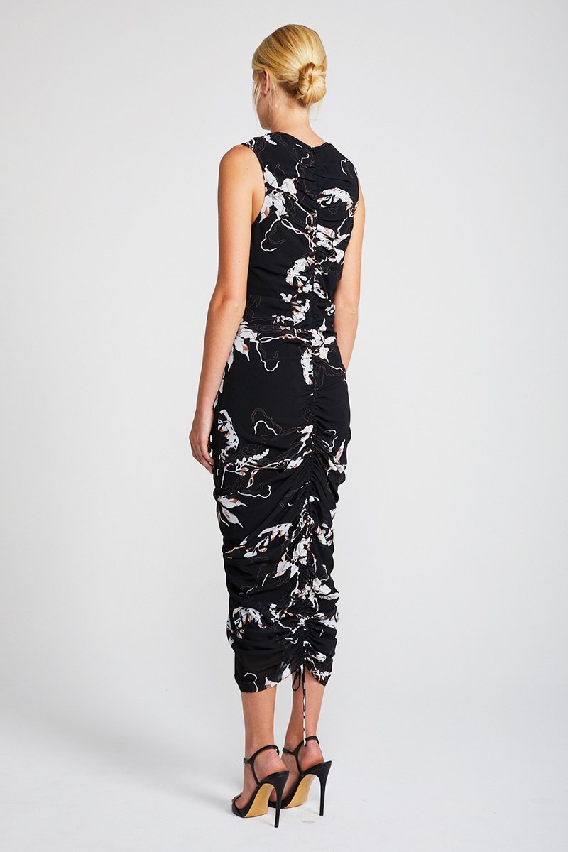 SHADOWS RUCHED SLEEVELESS MIDI DRESS