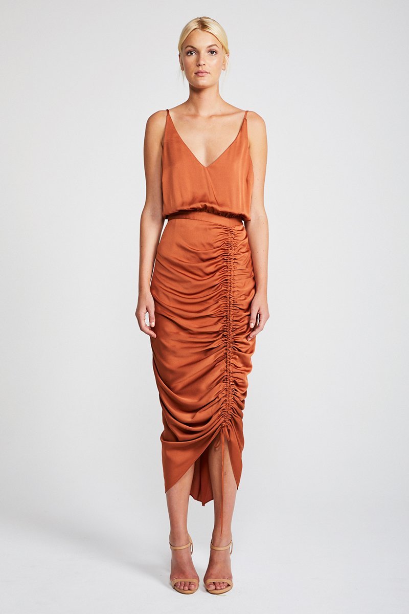 SOLAR RUCHED COCKTAIL MIDI DRESS - COPPER