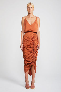 SOLAR RUCHED COCKTAIL MIDI DRESS - COPPER
