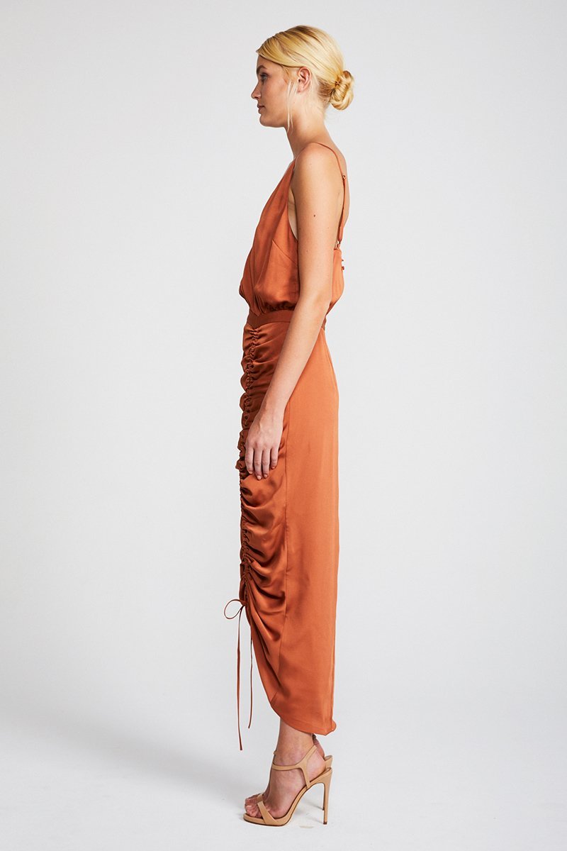 SOLAR RUCHED COCKTAIL MIDI DRESS - COPPER